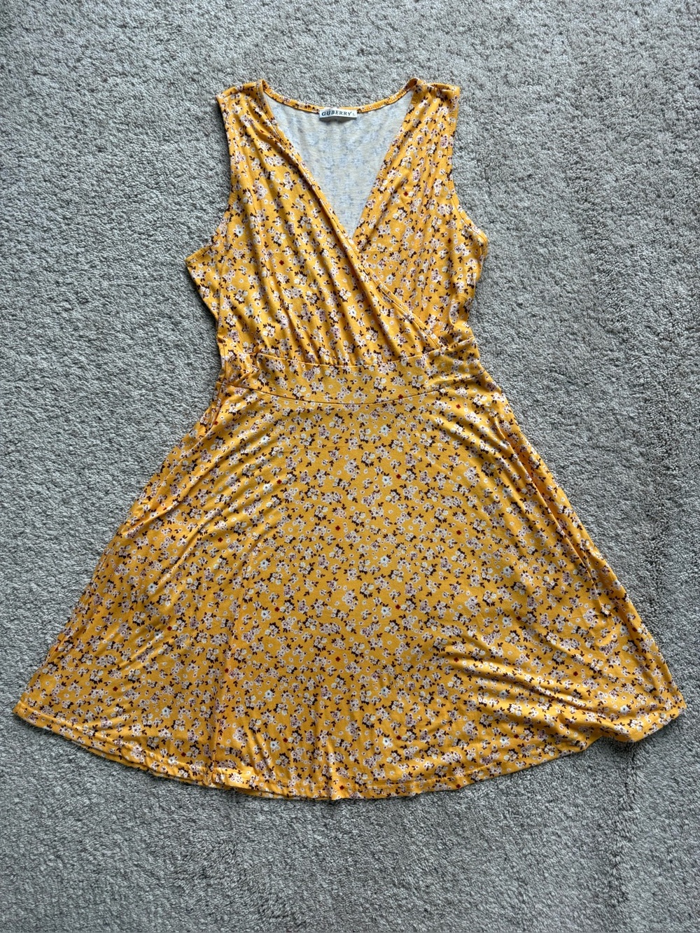 Yellow Floral Print Sleeveless Wrap Dress Size Large Stretchy Casual